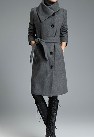 Wide Tunic Classic Black Grey Wool Lapel Long Thick Trench Coat