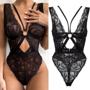 Sexy Metal Ring Criss-cross Lace Bodysuit Lingerie