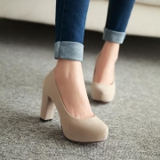 OL Style Pure Color Thick High-heeled Round Toe Shoes Pump