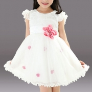 Girls Summer Dress Puff sleeve Ribbon Flower Sweet Princess Dress 