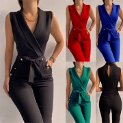 Fashion Solid Color Lapel V-neck Buttoned Self-tie Jumpsuit