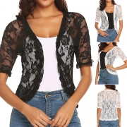 Fashion Semi-through Floral Lace Spliced Elbow Sleeve Cardigan