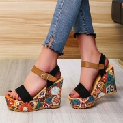 Bohemia Style Open-toe Floral Printed Strappy Platform Wedges