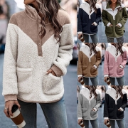 Fashion Contrast Color Long Sleeve Lapel Buttoned Plush Sweatshirt