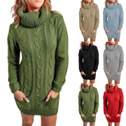 Casual Solid Color Turtleneck Long Sleeve Knitted Sweater Dress with Patch Pockets