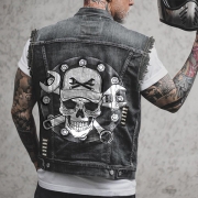 Punk Style Skull Printed Sleeveless Denim Jacket for Men