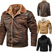 Vintage Stand Collar Long Sleeve Plush Lined Artificial Leather PU Jacket for Men