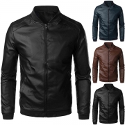 Fashion Long Sleeve Zipper Artificial Leather PU Jacket for Men （Size Run Small）