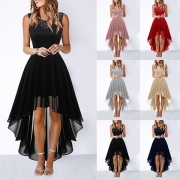 Elegant Lace Spliced Chiffon Round Neck Sleeveless High-low Party Dress