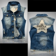Street Fashion Old-washed Distressed Star Letter Printed Sleeveless Denim Vest for Men