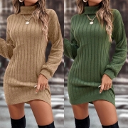 Fashion Solid Color Turtleneck Long Sleeve Knitted Sweater Dress