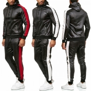 Street Fashion Contrast Color Artificial Leather PU Two-piece Set Consist of Zipper Jacket and Pants for Men