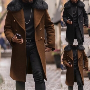 Fashion Double Breasted Long Sleeve Lapel Artificial Fur Spliced Duffle Jacket for Men