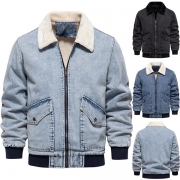 Vintage Old-washed Plush Lined Long Sleeve Denim Jacket for Men