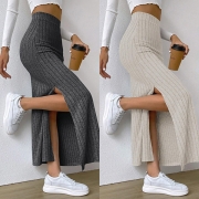 Street Fashion Solid Color High-rise  Slit Ribbed Skirt （Elastic）