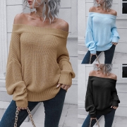 Casual Solid Color Off-the-shoulder Long Sleeve Knitted Sweater