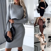 Street Fashion Ribbed Two-piece Set Consist of Crop Sweater and Sleeveless Bodycon Dress