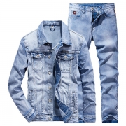 Street Fashion Old-washed Denim Two-piece Set for Men Consist of Long Sleeve Denim Jacket and Jeans