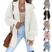 Fashion Solid Color Notch Lapel Long Sleeve Knitted Cardigan