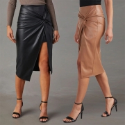 Sexy Knoting Ruched Slit Artificial Leather PU Pencil Skirts （Size Run Big）