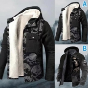 Punk Fashion Skull Plush Lined Drawstring Hooded Jacket for Men