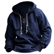 Street Fashion Long Sleeve Kangaroo Pocket Drawstring Hooded Denim Sweatshirt for Men