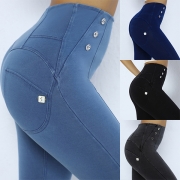 Fashion High-rise Butt-lifting Side Buttoned Denim Leggings for Workout