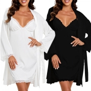 Fashion Lace Spliced Two-piece Pajamas Set Consist of Nightwear Slip Dress and Robe