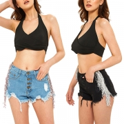 Street Fashion Side Tassel Distressed  Button Old-washed Denim Shorts