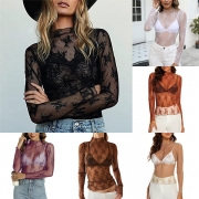 Sexy Semi-through Lace Mock Neck Long Sleeve Shirt