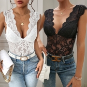 Sexy V-neck Sleeveless Semi-through Lace Bodysuit