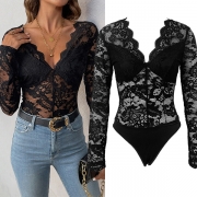 Sexy V-neck Long Sleeve Lace Bodysuit