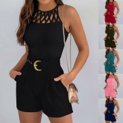 Fashion Hollow Out Two-piece Set Consist of Sleeveless Shirt and Shorts with Belt