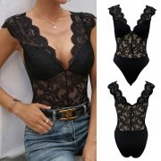 Sexy V-neck Sleeveless Backless Semi-through Lace Lingerie Bodysuit