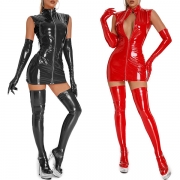 Fashion Artificial Leather PU Three Piece Set for Cosplay Consist of Bodycon Dress, Gloves and Socks