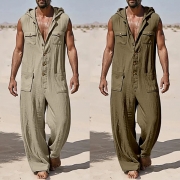 Casual Front Button Sleeveless Hooded Loose Jumpsuit Dungarees for Men