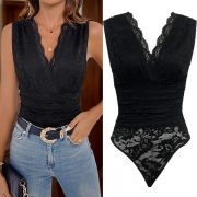 Fashion V-neck Sleeveless Ruched Lace Spliced Bodysuit