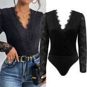 Fashion V-neck Long Sleeve Lace Bodysuit