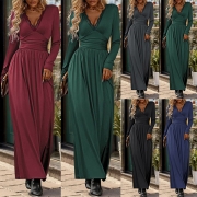 Fashion Lace Spliced V-neck Long Sleeve High-rise Slit Maxi Dress