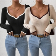 Fashion Contrast Color V-neck Long Sleeve Ribbed Shirt