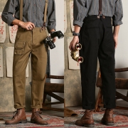 Vintage Patch Pockets Suspender Pants for Men