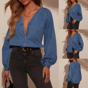 Fashion Button V-neck Long Sleeve Denim Shirt