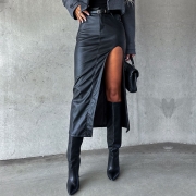 Fashion High-rise Side Slit Artificial Leather PU Skirt