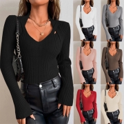 Sexy Criss-cross Cutout V-neck Long Sleeve Ribbed Shirt