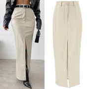 Fashion Front Slit Artificial Leather PU Maxi Skirt