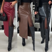 Fashion Solid Color Side Slit High-rise Artificial Leather PU Skirt