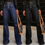 Fashion Button High-rise Patch Pockets Wide-leg Denim Jeans