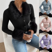 Fashion Plush Spliced Collar Long Sleeve Front Zipper Crop Ribbed Cardigan