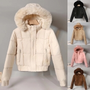 Fashion Plush Spliced Hooded Long Sleeve Quilted Crop Coat