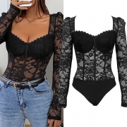 Sexy Sweetheart Neckline Long Sleeve Semi-through Lace Bodysuit
